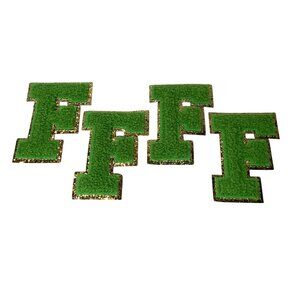 Four 3" Sewn or Iron On Fabric Embroidered Green "F" Letters w/ Gold Trim 4 Pack